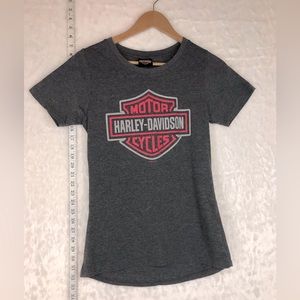 Women’s Harley Davidson Top Short Sleeve Dark Grey Hot Pink V Neck T Shirt Sz XS